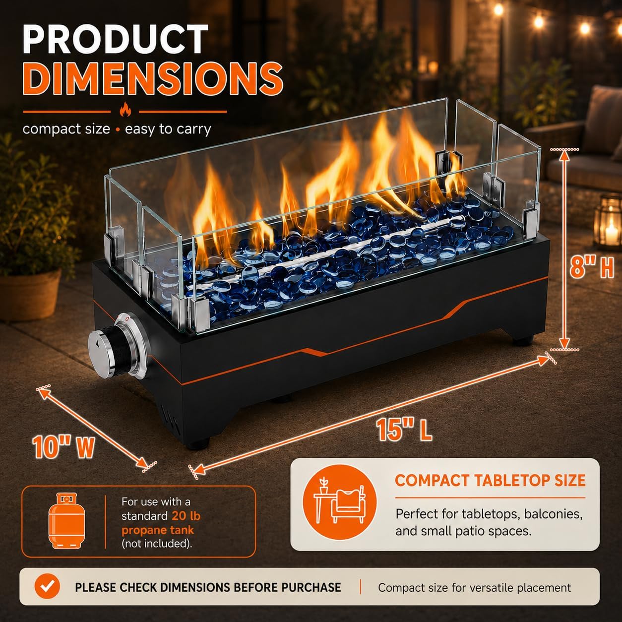 GRISUN 15 Inch Propane Tabletop Fire Pit, 30,000 BTU with Glass Wind Guard