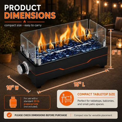 GRISUN 15 Inch Propane Tabletop Fire Pit, 30,000 BTU with Glass Wind Guard
