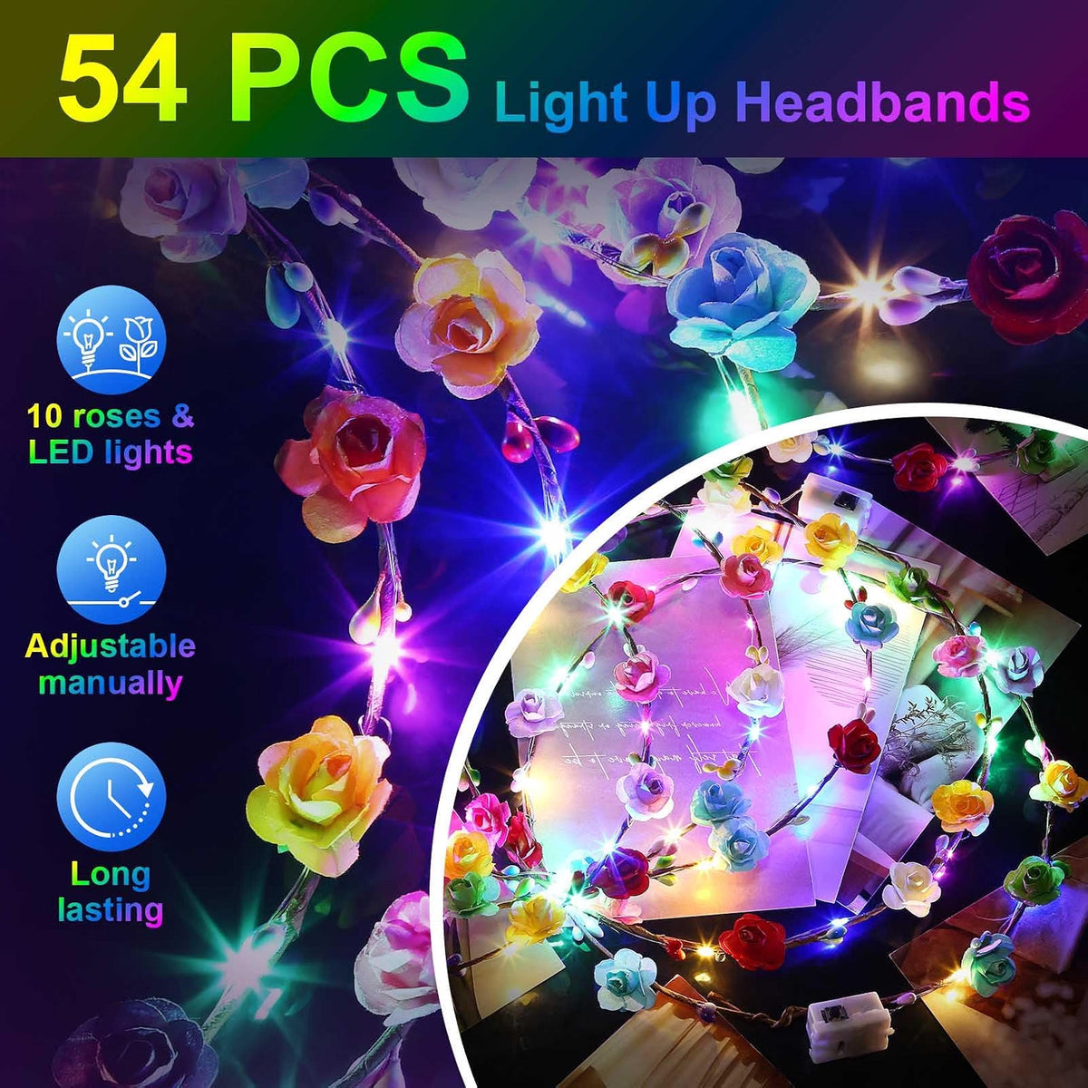 HONLYNE 54-Pack LED Flower Crown Headbands, Light-Up Flower Crowns with 3 Flash Modes, Adjustable Glow Headbands for Kids & Adults, Wedding, Birthday, Halloween & Parties