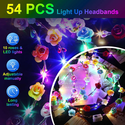 HONLYNE 54-Pack LED Flower Crown Headbands, Light-Up Flower Crowns with 3 Flash Modes, Adjustable Glow Headbands for Kids & Adults, Wedding, Birthday, Halloween & Parties