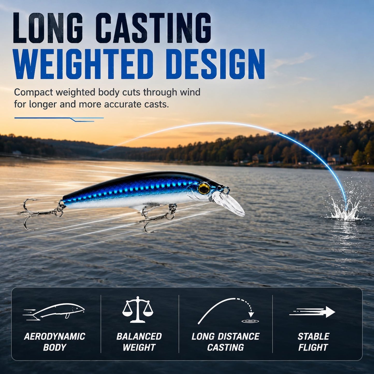 5PCS Sinking Jerkbait Fishing Lures, 3.35" Long-Casting Minnow Hard Baits with Realistic Swimming Action, Curved Lip, Holographic Finish & Treble Hooks for Bass, Trout, Walleye and Pike