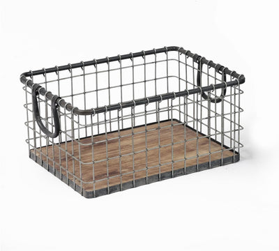 HyperionFlo Essentials 16-Inch Farmhouse Metal Wire Storage Basket with Wooden Bottom, Sturdy Hand-Welded Organizer for Shelves, Closets & Home Storage
