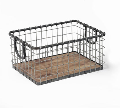 HyperionFlo Essentials 16-Inch Farmhouse Metal Wire Storage Basket with Wooden Bottom, Sturdy Hand-Welded Organizer for Shelves, Closets & Home Storage
