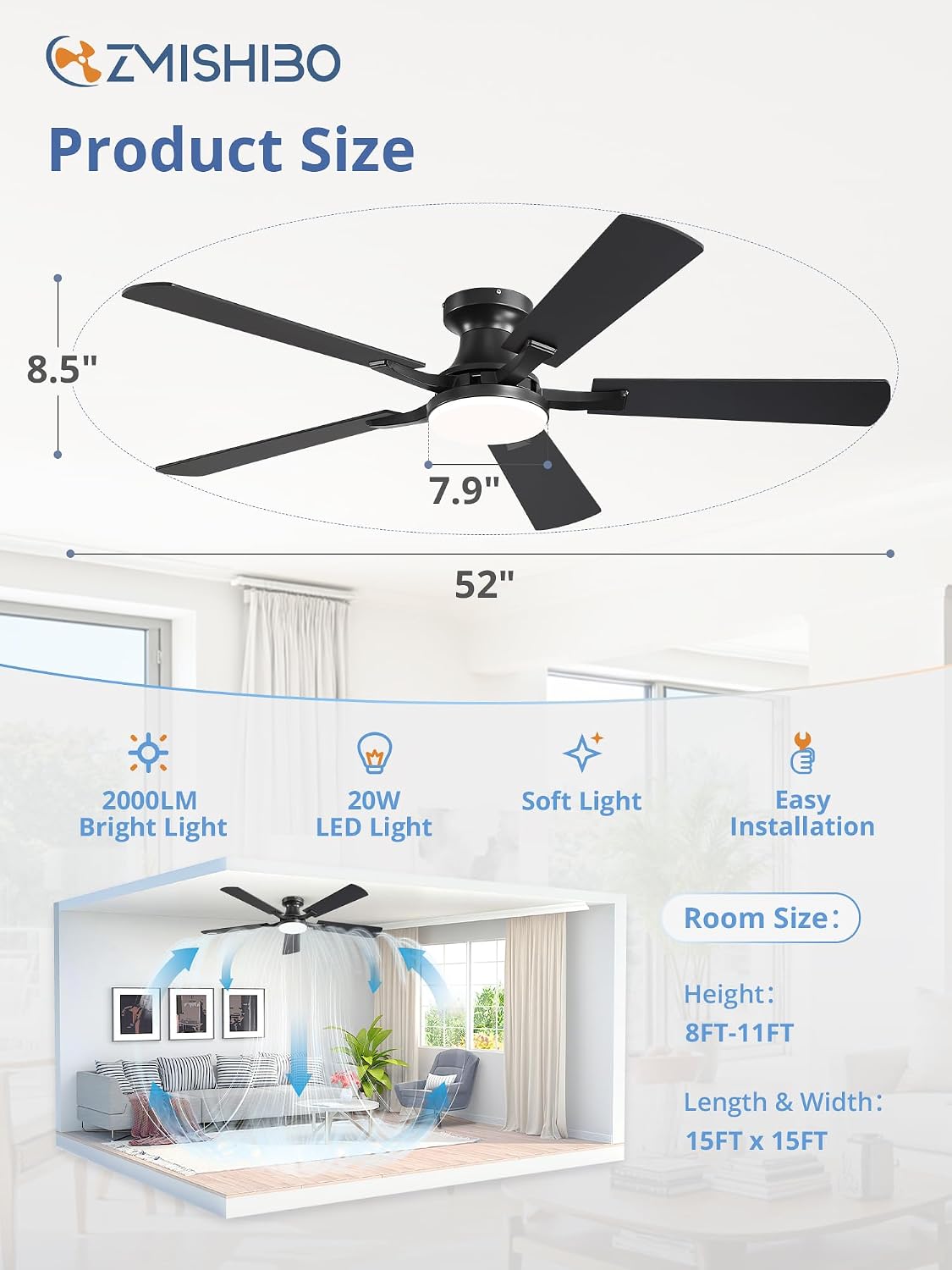 ZMISHIBO 52-Inch Ceiling Fan with Light