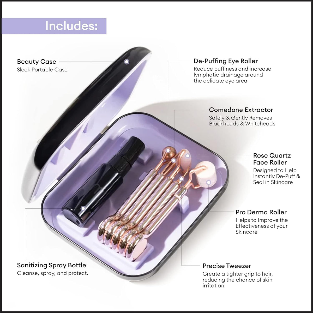5-in-1 Professional Skin Care Tool Collection | Derma Roller, Rose Quartz Face Roller, De-Puffing Eye Roller, Comedone Extractor or Blackhead Remover & Precision Tweezer