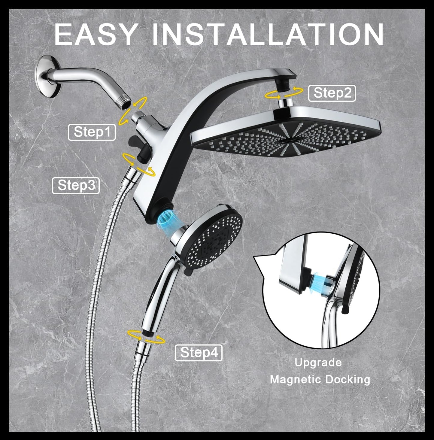 Rain Shower Head with Handheld Showerhead, Chrome 1.8GPM 460311 12" High Pressure Rainfall Shower Heads, 9 Sprays Handheld Showerheads, Magnetic Docking, Power Jets, 59" Shower Hose