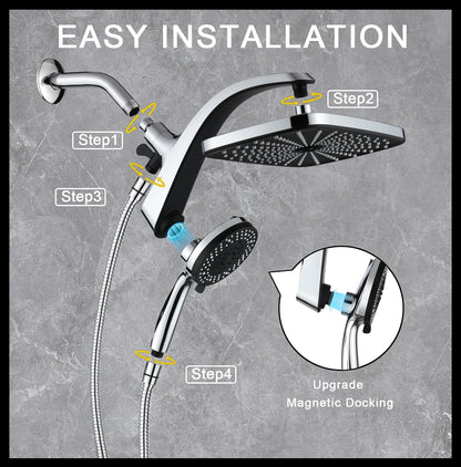 Rain Shower Head with Handheld Showerhead, Chrome 1.8GPM 460311 12" High Pressure Rainfall Shower Heads, 9 Sprays Handheld Showerheads, Magnetic Docking, Power Jets, 59" Shower Hose