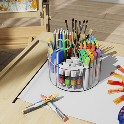 Acrylic Rotating Pen Holder, 360° Spinning Desk Organizer with 6 Compartments, Clear Desktop Caddy for Pens, Pencils, Markers, Crayons and Art Supplies