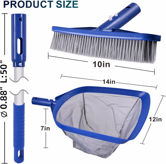 POOLAZA 3-in-1 Pool Cleaning Kit, Pool Skimmer Net, Pool Brush & 50-Inch Aluminum Pole, Fine Mesh Pool Leaf Skimmer with Nylon Bristles for Pool, Spa, Hot Tub & Pond