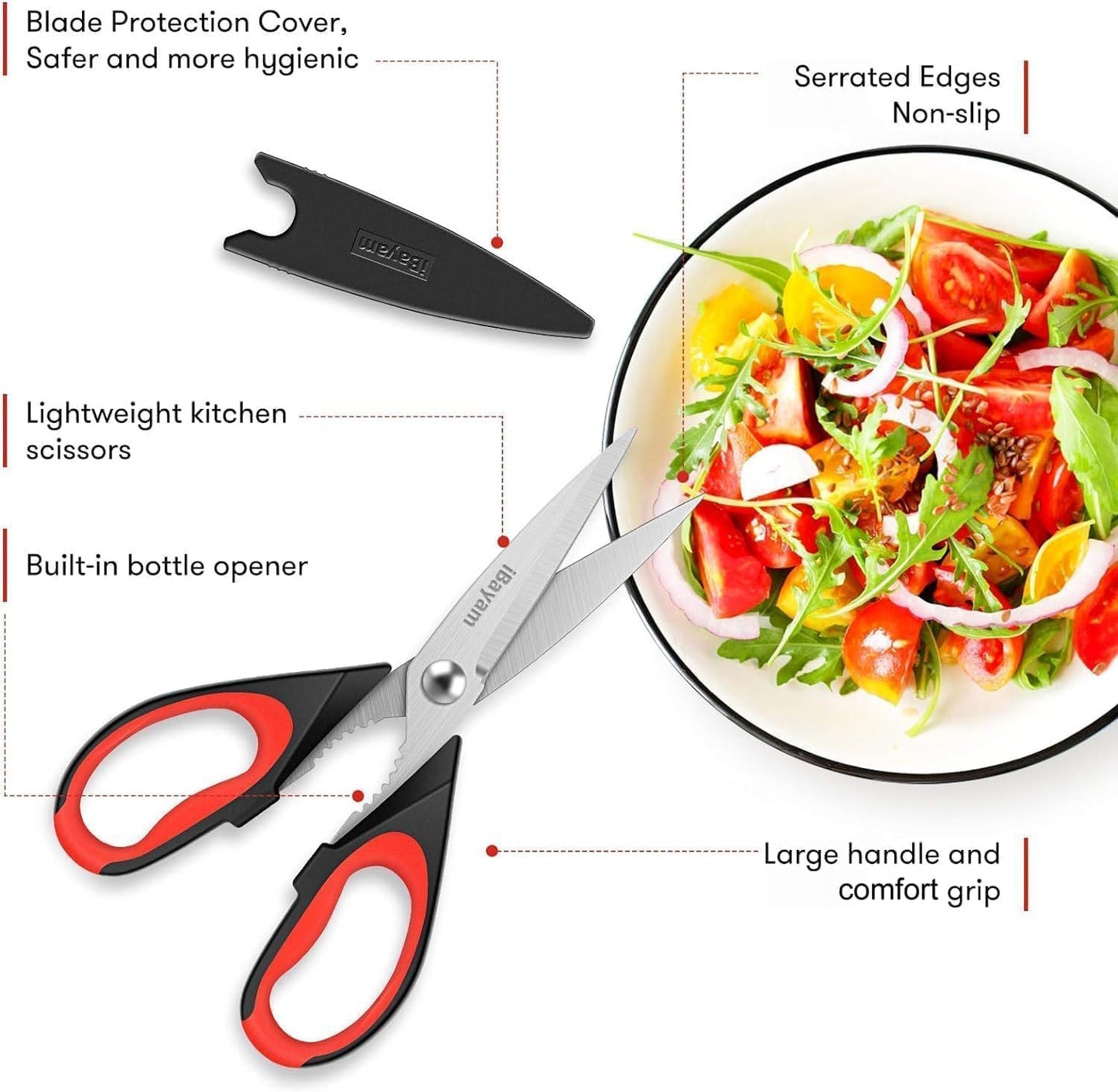 iBayam Kitchen Scissors Shears All Purpose Heavy Duty, Protective Sheath, 2-Pack, Ultra-Sharp Stainless Steel Blades, Soft Comfort-Grip, Dishwasher Safe, Cutting Food, Cooking, Meat & Poultry