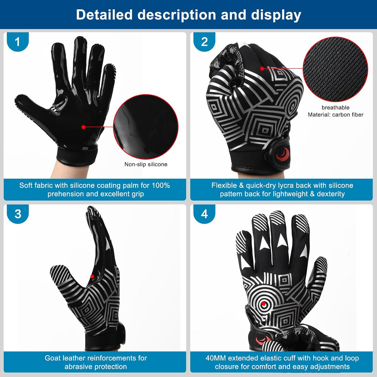 SPOMAT Youth Football Receiver Gloves, Silicone Grip Kids Football Gloves, Extra-Grip Receiver Gloves for Training & Games, Rocket Black