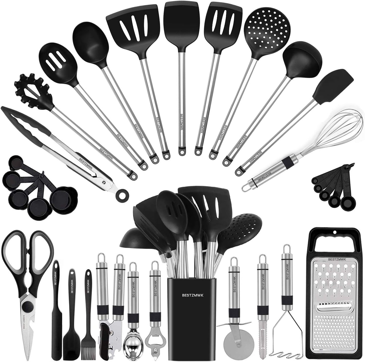 BESTZMWK 33-Piece Silicone Kitchen Utensil Set Black