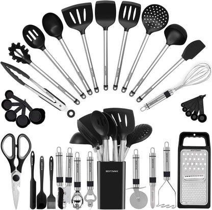 BESTZMWK 33-Piece Silicone Kitchen Utensil Set Black