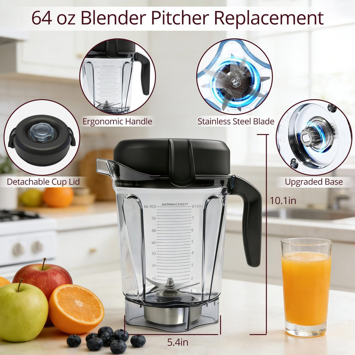 64oz Low-Profile Blender Pitcher Replacement Cup Compatible with Vitamix BPA-Free Compatible with 5200 750 7500 6300 VM0102 VM0103 VM0197 E310, Classic/Explorian/Commercial Series Jar Cup