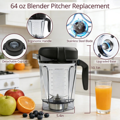 64oz Low-Profile Blender Pitcher Replacement Cup Compatible with Vitamix BPA-Free Compatible with 5200 750 7500 6300 VM0102 VM0103 VM0197 E310, Classic/Explorian/Commercial Series Jar Cup