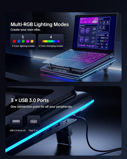 llano V12 Ultra Laptop Cooling Pad with Smart Software Control Laptop Fan Laptop Stand RGB, 5.5" Turbo Fan, Adjustable Speed, 3-Port USB 3.0 Hub, 3 Height Stands, for 15.6"-19" Gaming Laptops, Black