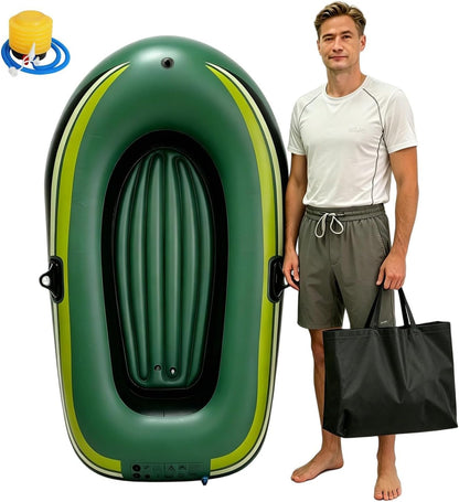 Inflatable Boat for One Person, 198 lb Capacity, PVC Single-Person Raft with Foot Pump & Carry Bag, Inflatable Fishing Boat for Pools, Ponds & Calm Shallow Water, Green & Yellow