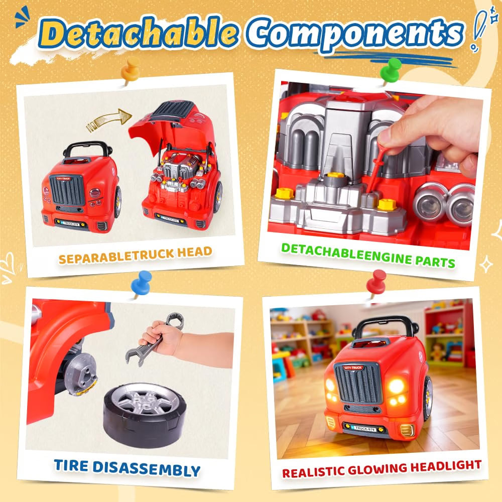 POFJOEQ Interactive Truck Engine Toy, Removable Parts Kids Mechanic Repair Set with Electric Drill, Lights & Sounds, Pretend Auto Service Station for Ages 3–5, Red