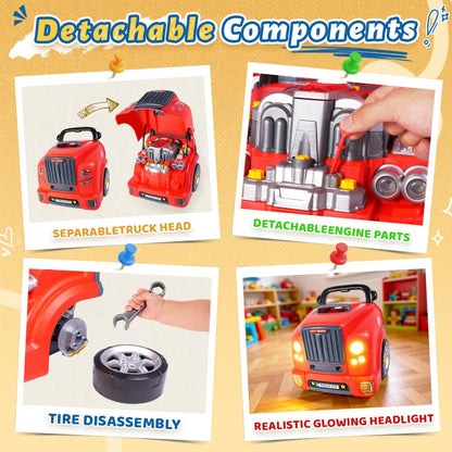 POFJOEQ Interactive Truck Engine Toy, Removable Parts Kids Mechanic Repair Set with Electric Drill, Lights & Sounds, Pretend Auto Service Station for Ages 3–5, Red