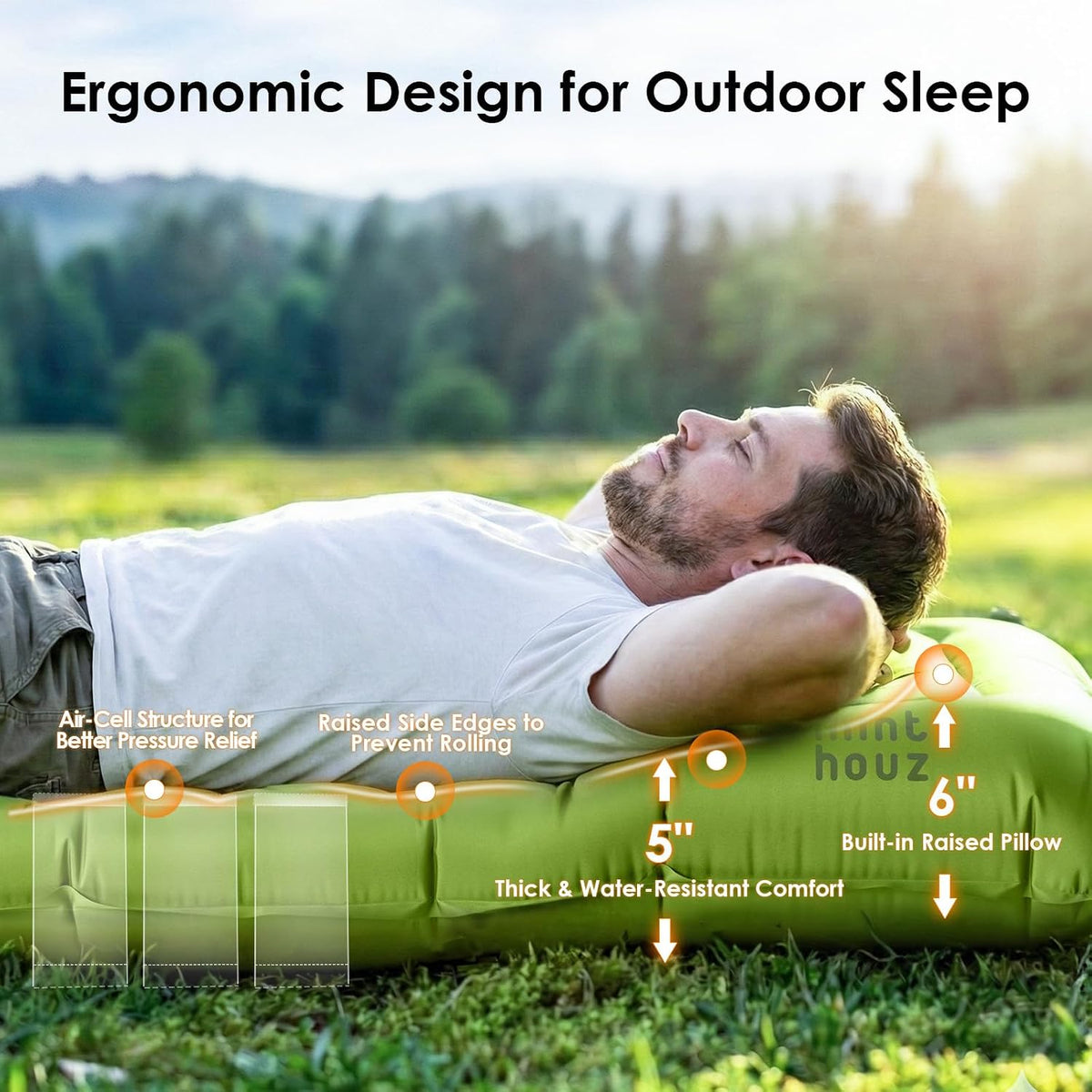 Minthouz 5-Inch Camping Sleeping Pad, Ultralight Inflatable Camping Mattress with Built-In Foot Pump, Waterproof Sleeping Mat with Carry Bag & Repair Patches, Green
