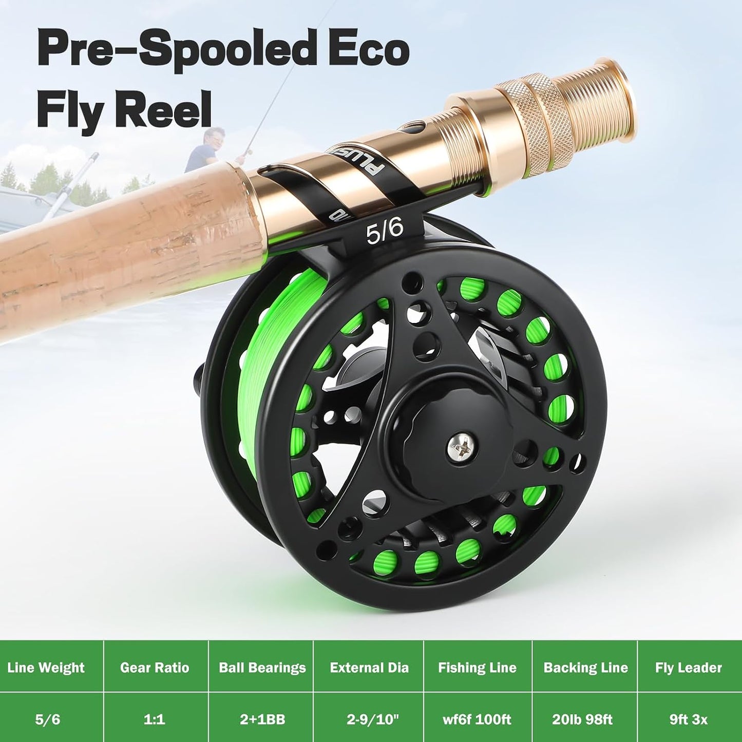 PLUSINNO Fly Fishing Rod and Reel Combo Kit, 9FT 5/6 Weight IM8 Graphite Fly Rod with Aluminum Reel, 2+1 Bearings, Floating Line, Flies & Carrier Case