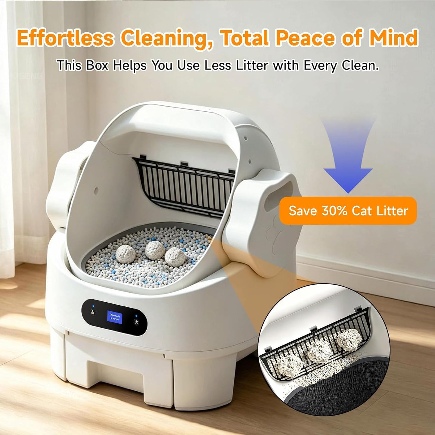Self Cleaning Auto Litter Box Enclosure, Open-Top, Multiple Cats Safety Sensor Protection, Large Bin, Ultra Quiet, Easy Setup, Convenient Cleaning,Odor Control, Include Waste Bag, White
