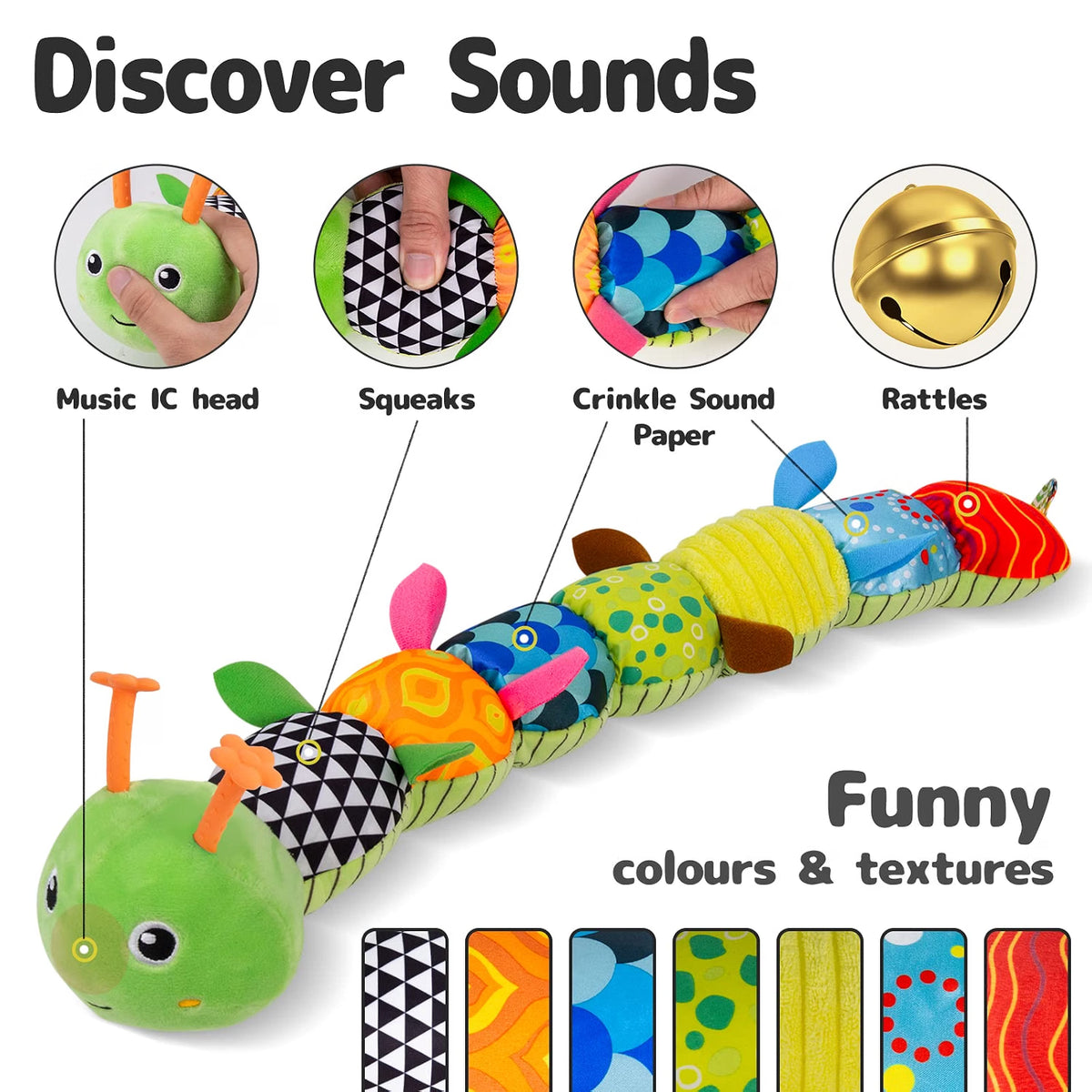 Sumobaby 3-in-1 Musical Caterpillar Plush Toy with Teether, Green