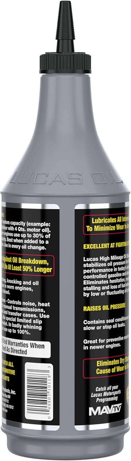 Lucas Oil 10118 High Mileage Oil Stabilizer, 1 Quart Engine Oil Additive for Cars, Trucks, ATVs & UTVs
