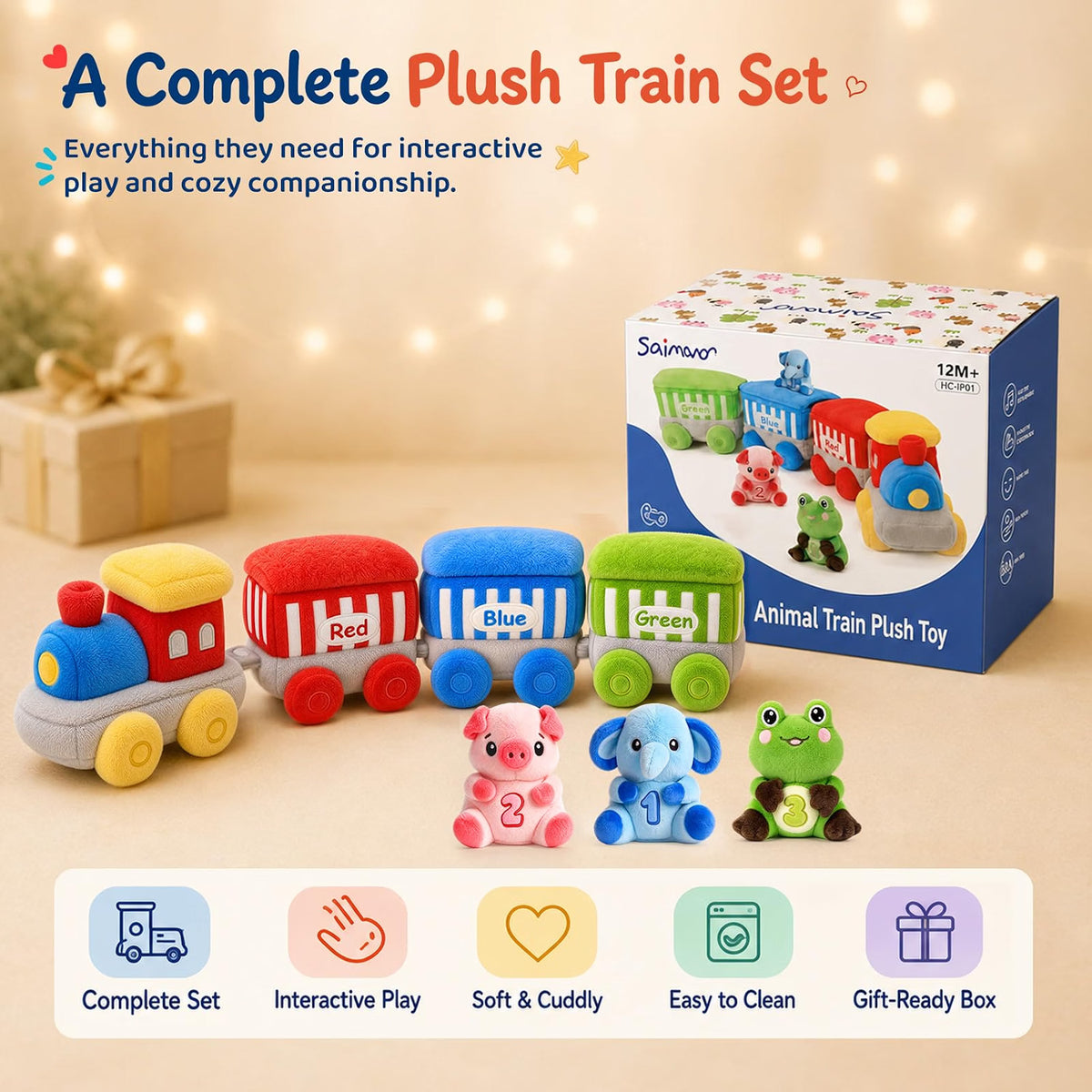 SAIMAND Soft Plush Animal Train Sensory Playset, 12-18 Months