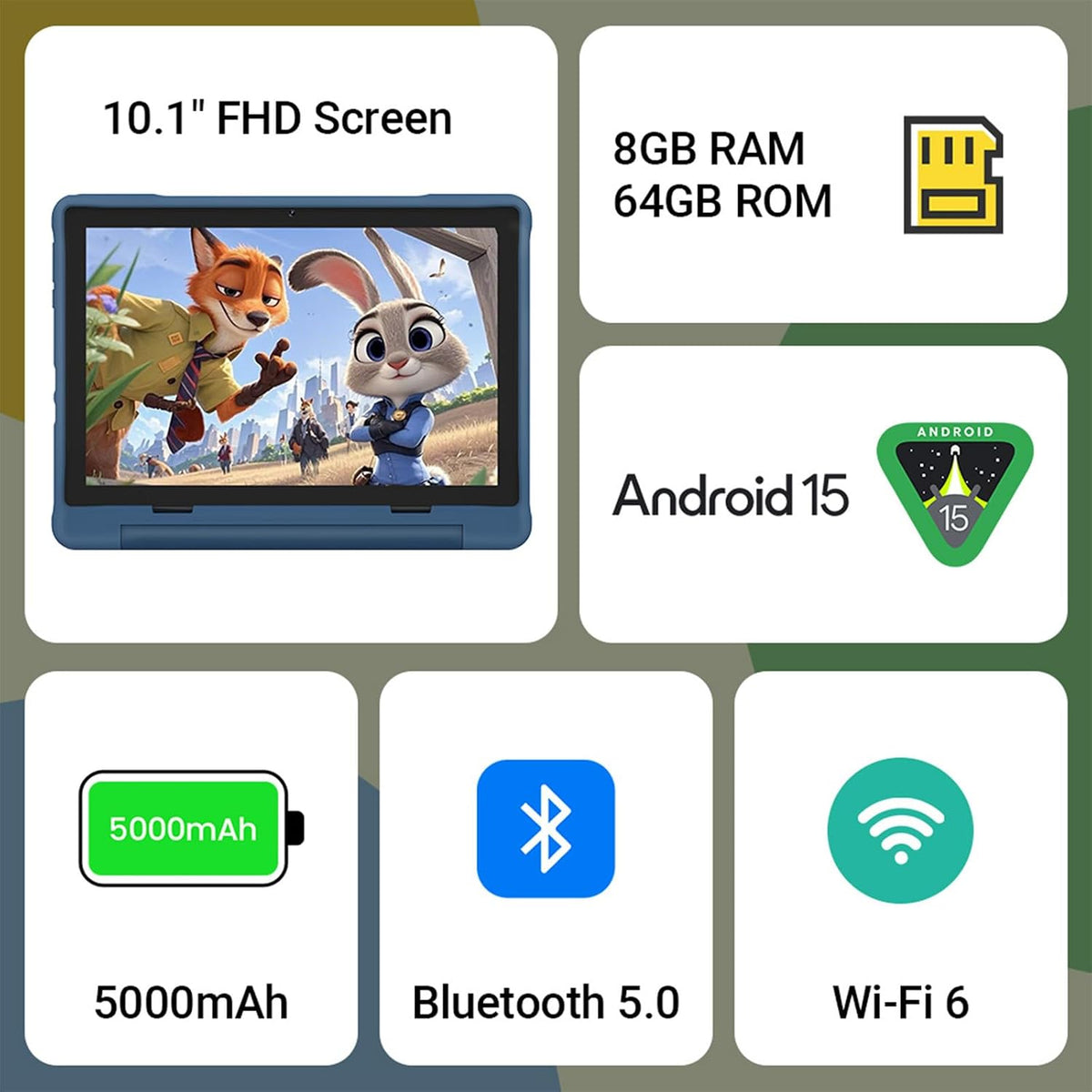 UEMXDOX K106A Kids Tablet, 10.1-Inch Android 15 Tablet, 8GB RAM, 64GB Storage, Expandable to 512GB, Wi-Fi 6, Bluetooth 5, Google Kids Space, Family Link, Protective Case, Blue