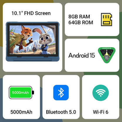 UEMXDOX K106A Kids Tablet, 10.1-Inch Android 15 Tablet, 8GB RAM, 64GB Storage, Expandable to 512GB, Wi-Fi 6, Bluetooth 5, Google Kids Space, Family Link, Protective Case, Blue