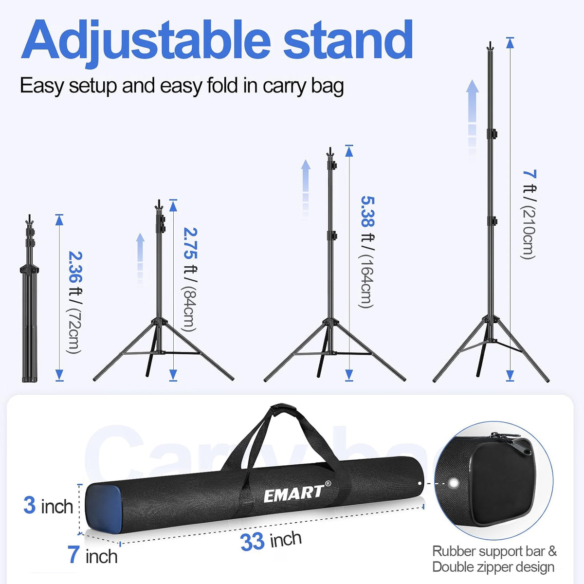 EMART 10x7FT Adjustable Backdrop Stand, Retractable Crossbar Photography Background Stand with Tripod Base, Carry Bag & Clips for Party, Studio, Wedding & Photoshoot