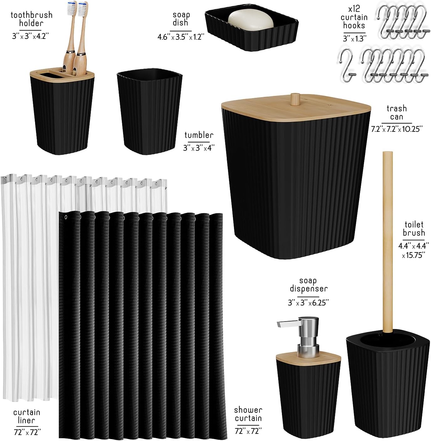 Clara Clark Black Bathroom Set, Shower Curtain Set, Bathroom Accessory Set
