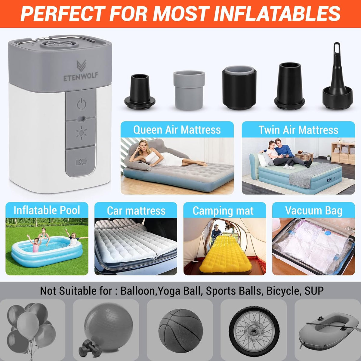 ETENWOLF Air Pump for Inflatables with 10400 mAh Battery & Camping Light 4X Quick Inflator & Deflator, 720 L/min Portable Electric Air Pump for Pool Floats, Air Mattress, Vacuum Storage Bags