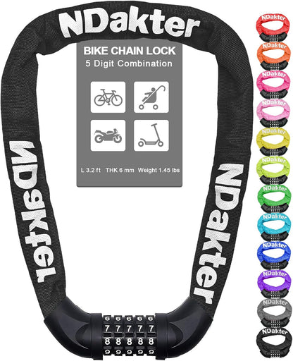 NDakter Bike Chain Lock, 5-Digit Resettable Combination Bicycle Lock, Heavy-Duty Alloy Steel Anti-Theft Chain Lock, 3.2 Ft, Scratch-Resistant Fabric Cover, Black