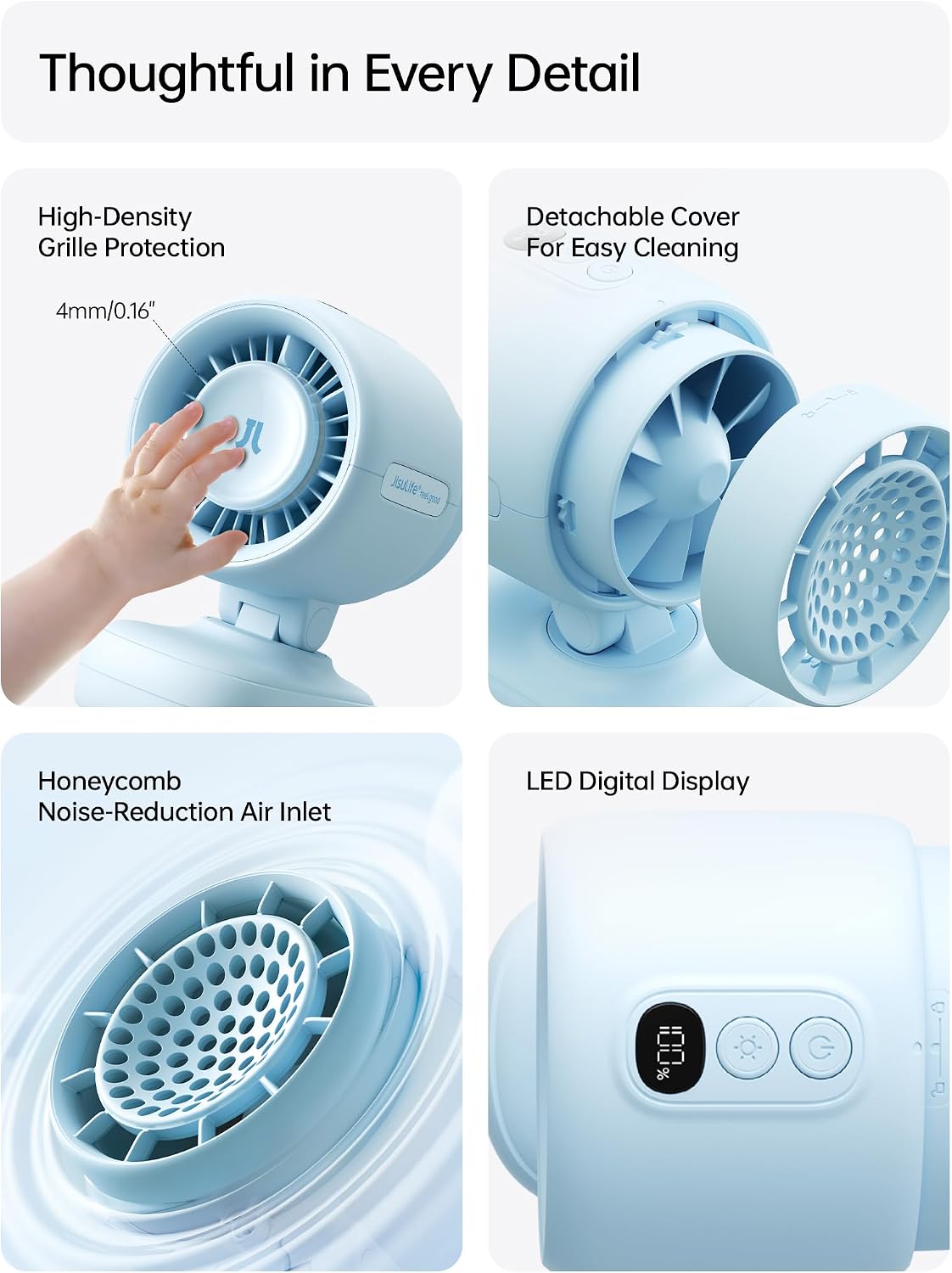 JISULIFE 2026 Clip Fan | Mini Baby Stroller Fan with 5000mAh Battery, 38-Hour Cooling, LED Night Light & Display