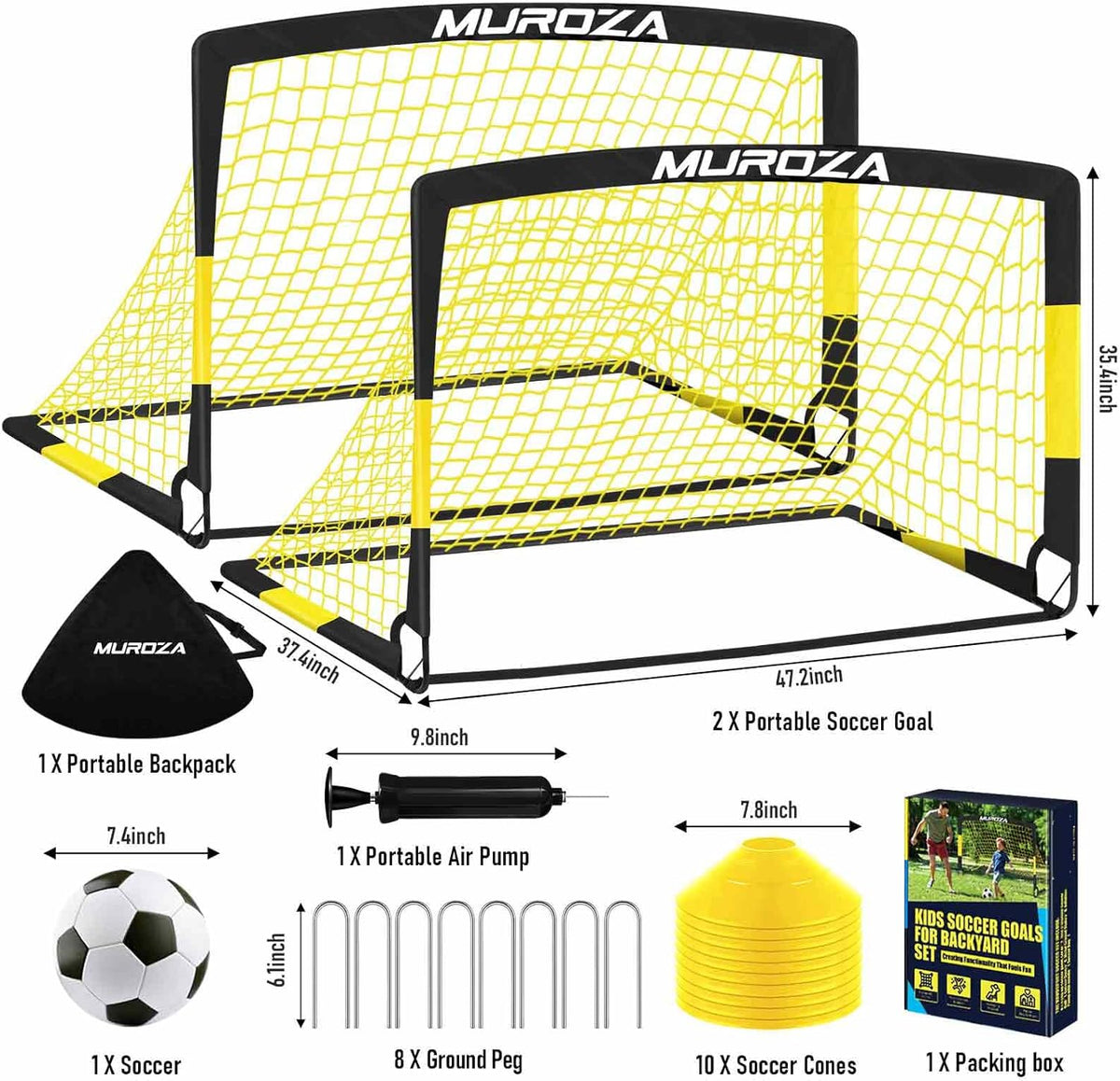 MUROZA Kids Soccer Goal Set, 2 Pack 4 x 3 Ft Portable Pop-Up Soccer Nets with Size 3 Ball, Pump, Cones, Stakes & Carrying Bag