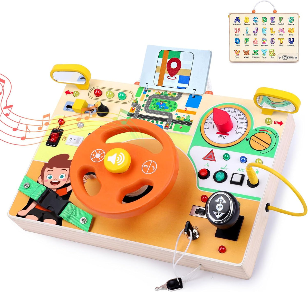 Grarain Montessori Busy Board for Toddlers Ages 1-3, Interactive Wooden Sensory Activity Board with 23 LED Lights, Clock & Alphabet Learning Toy, Travel-Friendly Educational Toy