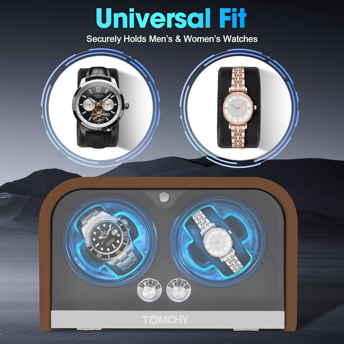 TOMCHY Automatic Watch Winder for 2 Watches, 4 Rotation Modes, Ultra-Quiet Motor Under 10dB, Dual Independent Controls with LED Lighting, Brown Rosewood
