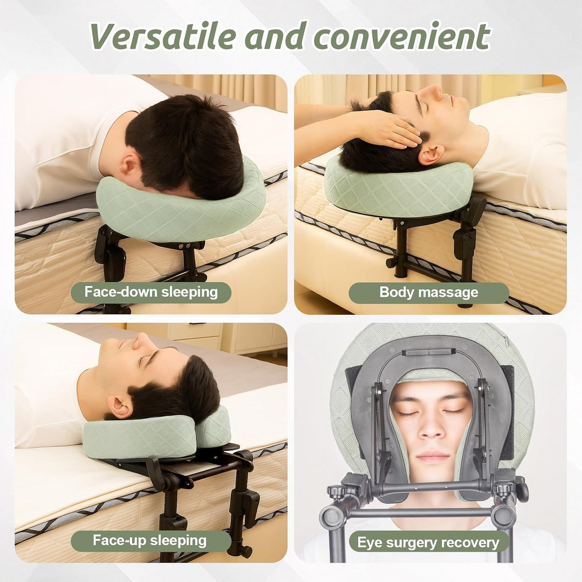 Cxgros Massage Headrest for Bed, Adjustable Face Cradle with Memory Foam Pillow, Foldable Under-Mattress Massage Head Holder, Green