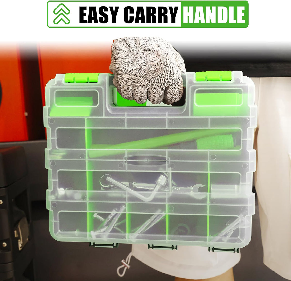 HyperionFlo Essentials Double-Sided 34-Compartment Organizer Box, 2-Pack, Transparent Lid with Removable Dividers, Green