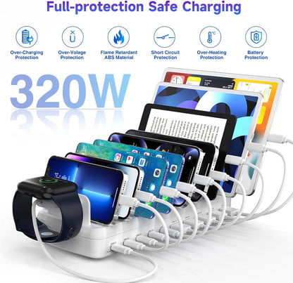 320W Charging Station for Multiple Devices, 10 Ports Fast Multi-Device Charger Organizer Compatible with MacBook Pro Laptop, iPhone, Android, Ipad, Tablet, Kindle, Family Multi-Device Charging Dock