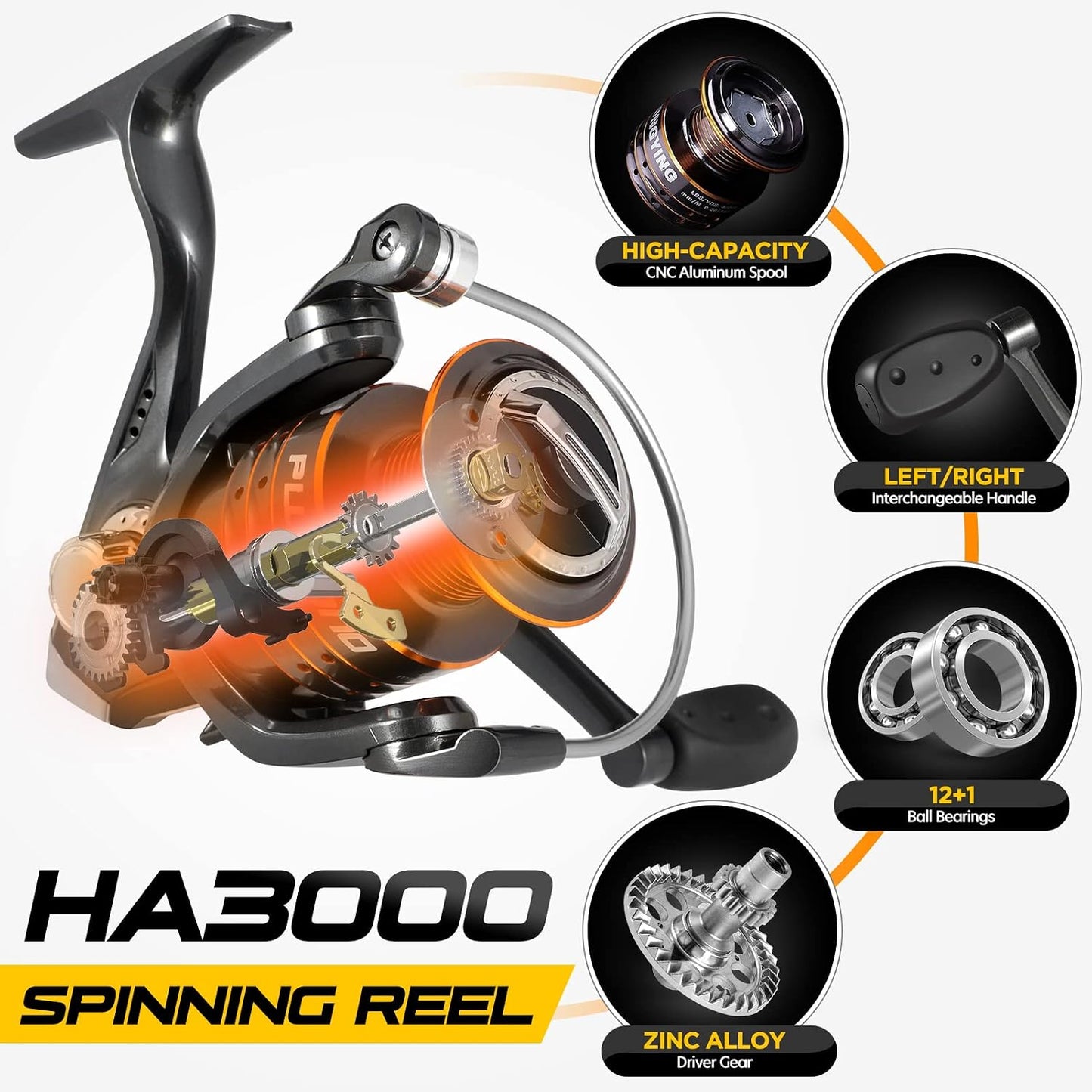 PLUSINNO Fishing Rod and Reel Combo, 8.86FT Carbon Fiber Telescopic Fishing Pole with HA3000 Spinning Reel, 12+1 Bearings, Fishing Line, Lures, Hooks & Carrier Case