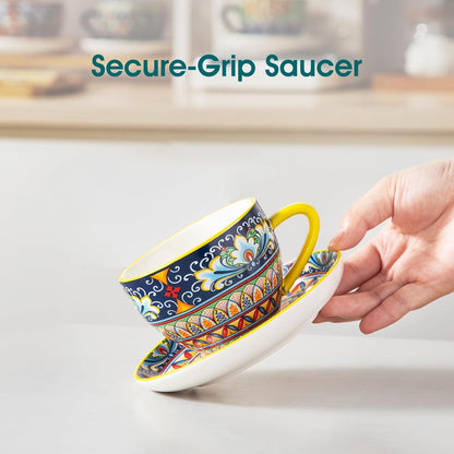 vancasso 8 Oz Cappuccino Cups, Porcelain Tea Cups and Saucers Set of 6 Bohemian Cappuccino Mugs,Perfect for Latte, Tea and Espresso, Microwave and Dishwasher Safe,Lead-Free and Non-Toxic