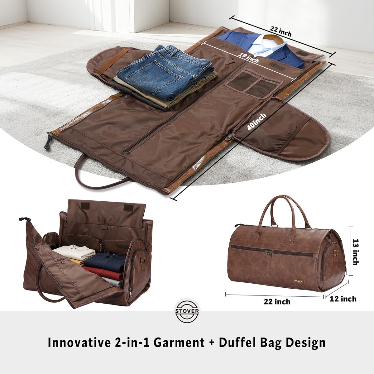 STOVER Garment Travel Duffle Bag, Large 2-in-1 Convertible Carry-On Garment Bag & Duffel with Shoe Compartment, 57L Weekender Travel Bag for Men & Women, Brown Leatherette