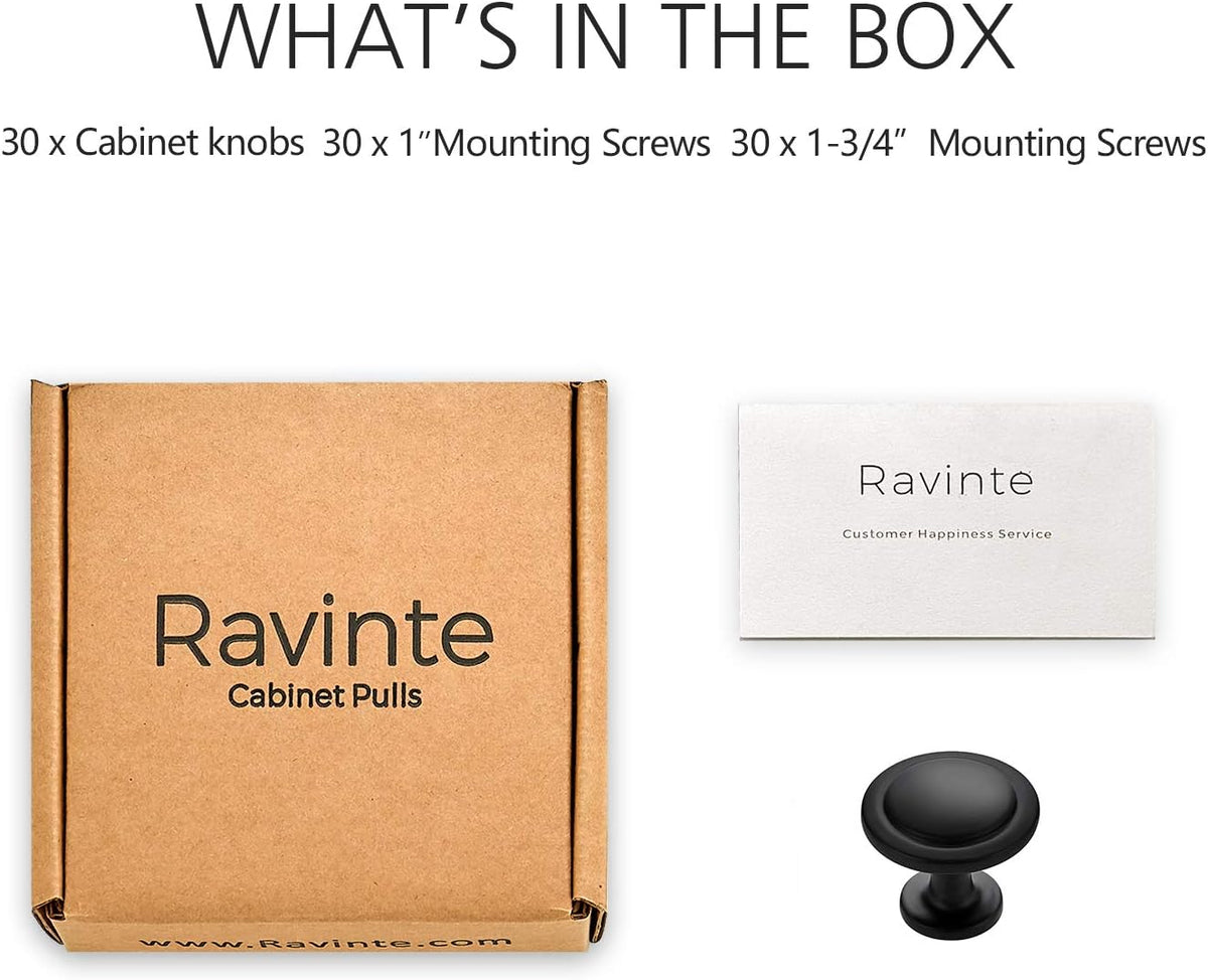 Ravinte Matte Black Round Cabinet Knobs,Zinc Pulls,1-1/4 Inch,30 Pack