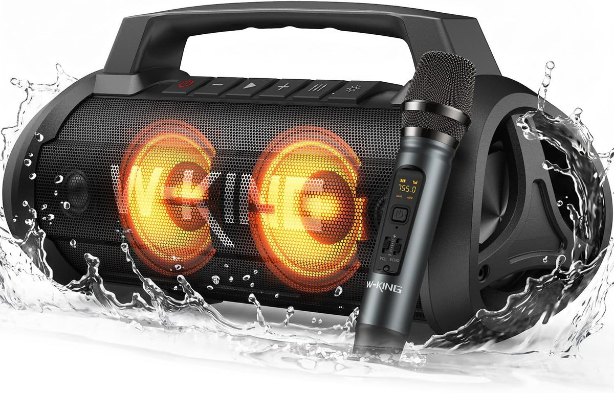 W-KING Portable Bluetooth Speaker with Wireless Microphone, Loud Karaoke 120W Peak 70W RMS Waterproof Outdoor Bluetooth Speakers, 110dB Bass Up, 42H/BT5.4/DSP/RGB, Stereo Pairing for Camping/Beach