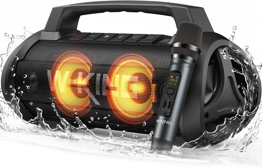 W-KING Portable Bluetooth Speaker with Wireless Microphone, Loud Karaoke 120W Peak 70W RMS Waterproof Outdoor Bluetooth Speakers, 110dB Bass Up, 42H/BT5.4/DSP/RGB, Stereo Pairing for Camping/Beach