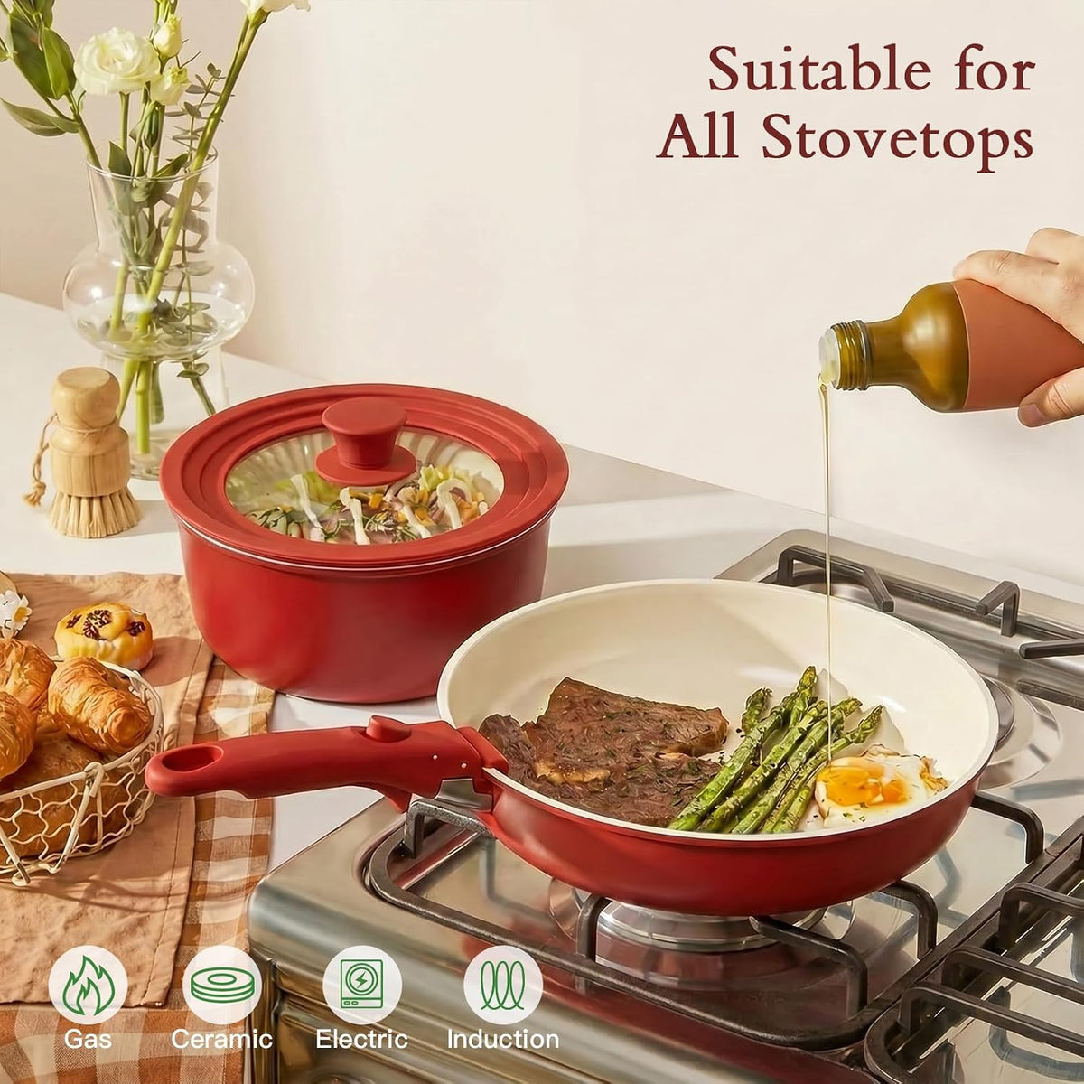 GIPP Pots and Pans Set Non Stick,Kitchen Cookware Set Detachable Handle, Non Toxic Cooking Pan Set with Frying Pans Set,RV Cookware Sets for All Stoves, Red...