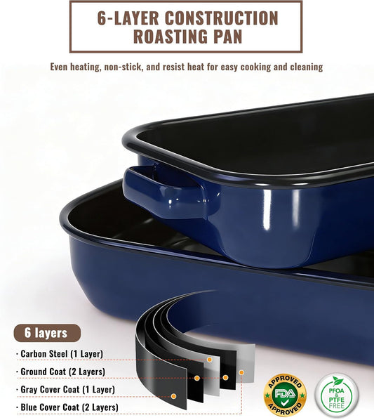 Enamel Turkey Roasting Pan with Rack Set, Casserole Dishes 14&17 Inch 6 Pieces Domed Lid Deep Oval Roasting Pan for Oven, Dishwasher Safe Non-Stick, Gift for Thanksgiving & Christmas Roaster Pot
